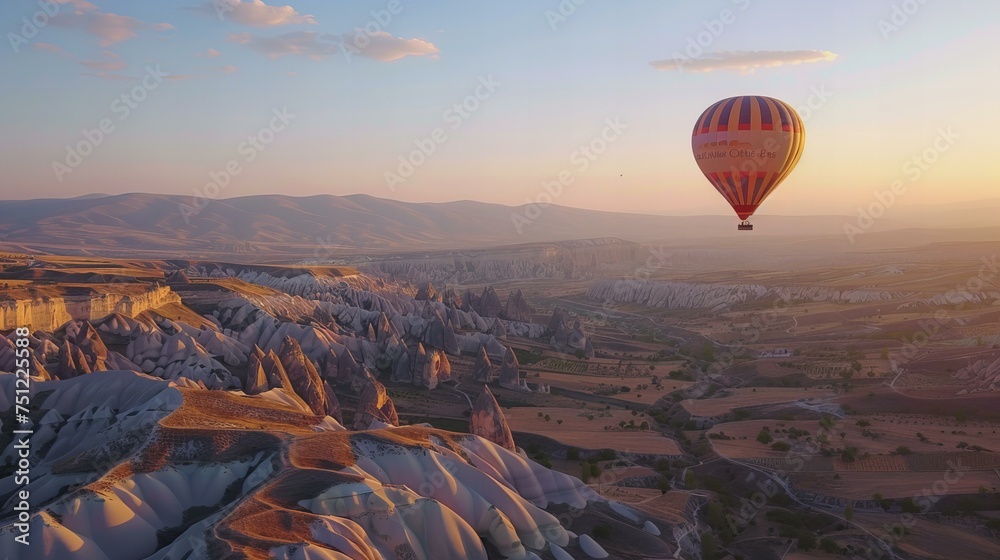 Hot air ballooning in Cappadocia, with the unique rock formations and fairy chimneys below at dawn