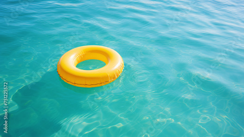 Yellow inflatable ring on turquoise blue sea water