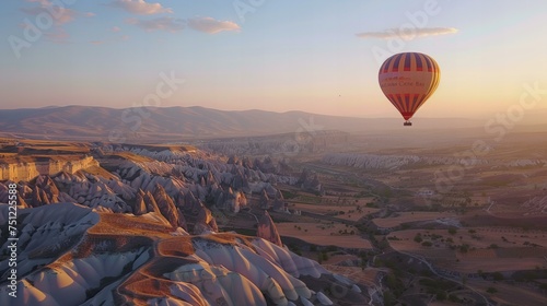 Hot air ballooning in Cappadocia, with the unique rock formations and fairy chimneys below at dawn