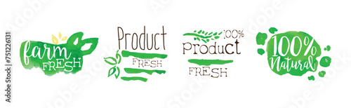 Green Bio Farm Product and Fresh Local Market Food Label Vector Set