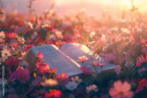 Sunlit Springtime Reading A Book in a Field of Flowers Generative AI photo