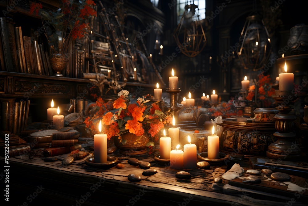 Church interior with burning candles and books on the altar. Halloween concept