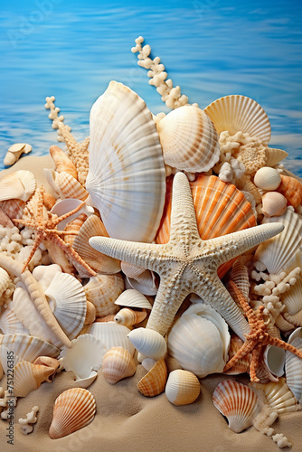 Assorted Seashells and Starfish Arranged on Sand. Vertical