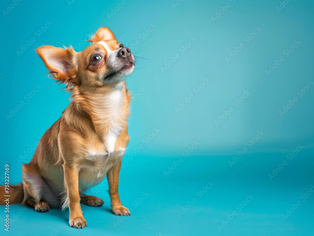 Portrait of a  dog sitting  on a blue background