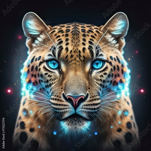 Mystical glowing leopard face with blue eyes. Isolated on blurred background