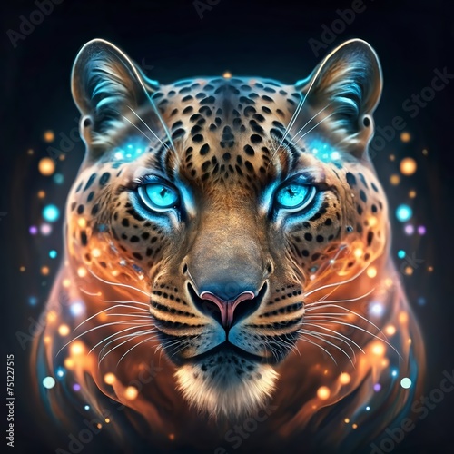 Mystical glowing leopard face with blue eyes. Isolated on blurred background