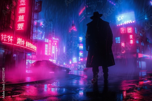 a man walks in the rain of a cyberpunk city