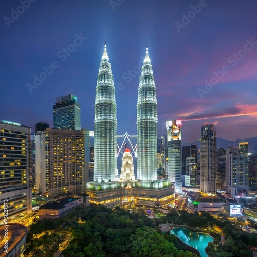 Night shot of Kuala. Panorama with city architecture and transport