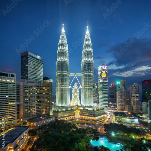 Night shot of Kuala. Panorama with city architecture and transport