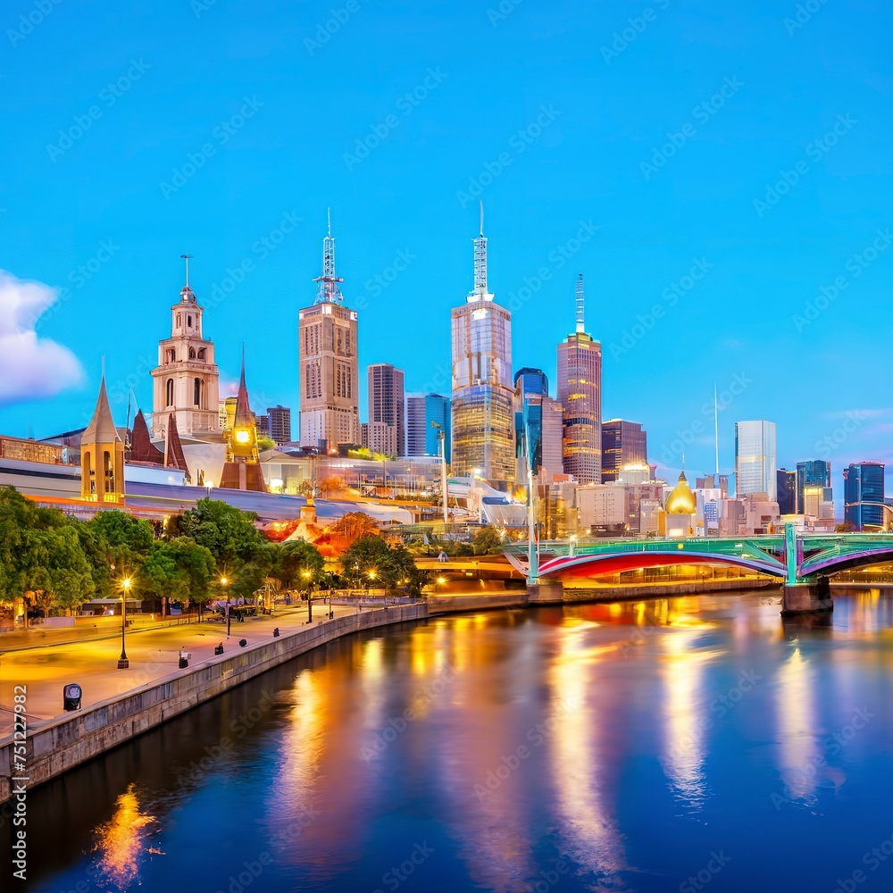 Panorama view of Melbourne city skyline at twilight in Australia