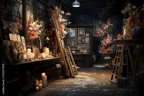 Interior of a vintage shop with flowers and candles. 3d rendering