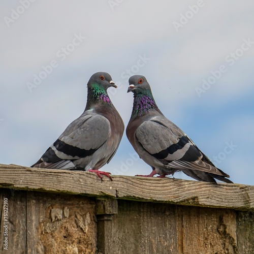 Pair of pigeons rest on a rustic rooftop, a snapshot of urban wildlife