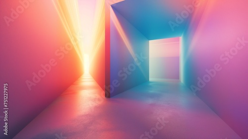 Ethereal beams of light piercing through a 3D abstract void, painting a dreamy and colorful picture of simplicity.