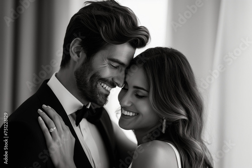 A couple in love in a black and white portrait, hugging tightly