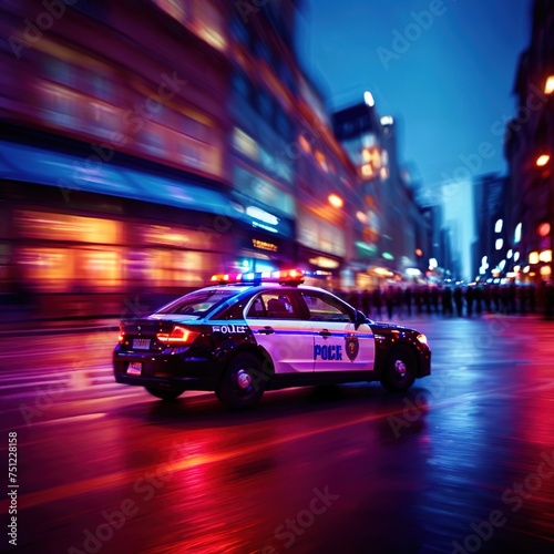 Police car high speed chase, long exposure dynamic motion with light streak
