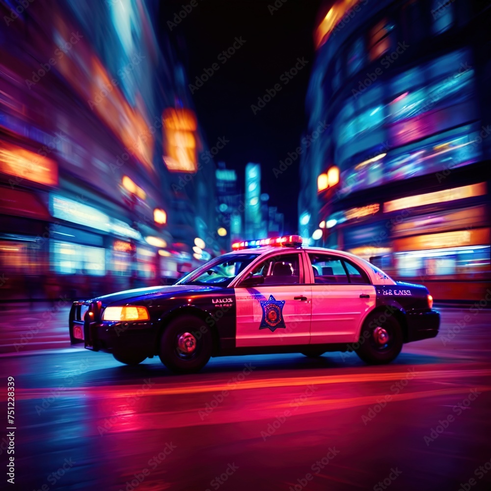 Police car high speed chase, long exposure dynamic motion with light streak