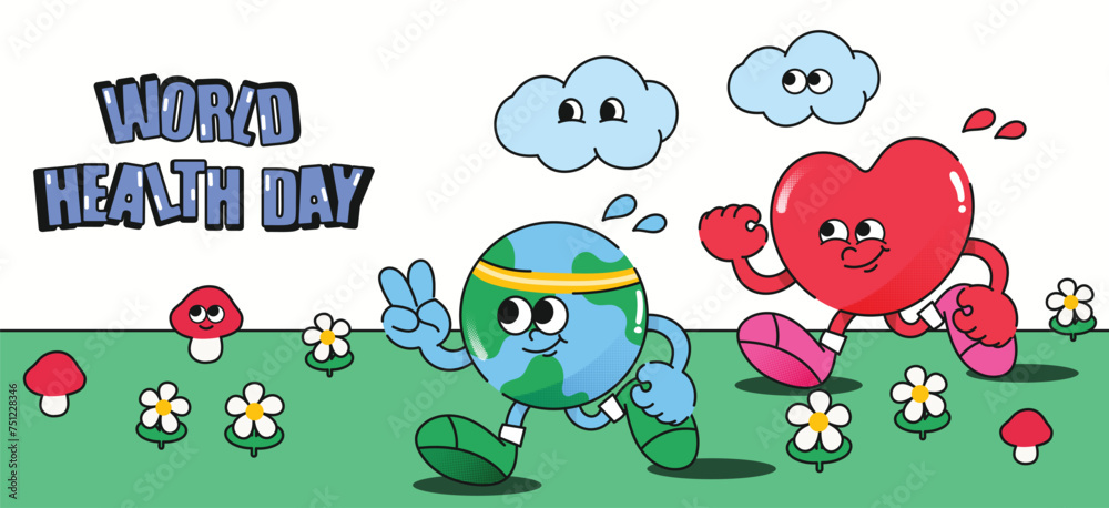 World health day concept, 7 April, background vector. Hand drawn groovy character style of earth working out, exercise, heart, cloud. Design for web, banner, campaign, social media post. World health day concept, 7 April, background vector. Hand drawn groovy character style of earth working out, exercise, heart, cloud. Design for web, banner, campaign, social media post.