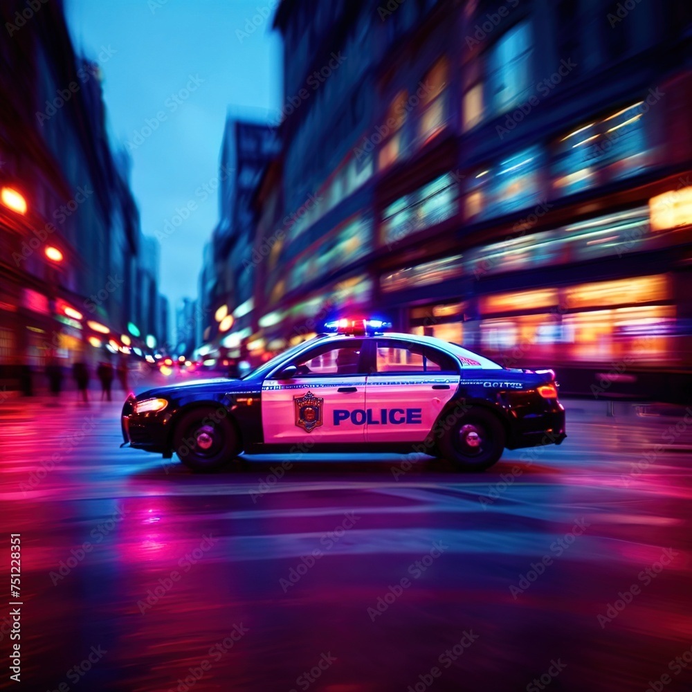 Police car high speed chase, long exposure dynamic motion with light streak