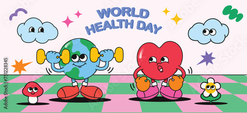 World health day concept, 7 April, background vector. Hand drawn groovy character style of earth working out, exercise, heart, cloud. Design for web, banner, campaign, social media post.