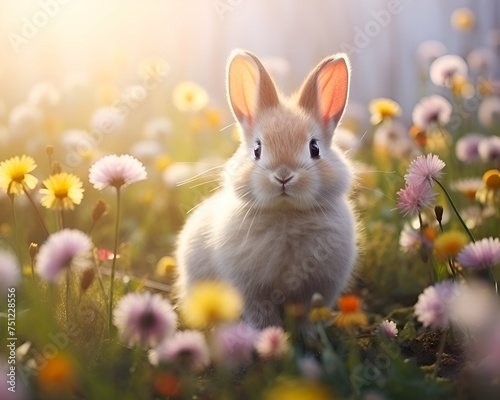 Cute little rabbit on a meadow with dandelions.