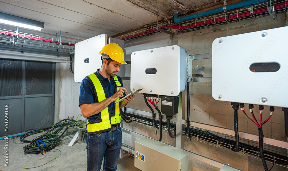 custom made wallpaper toronto digitalService Engineer use tablet working inspection installation inverter solar cell. Technician maintenance solar cells. Technology solar energy renewable.