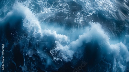 Top view of beautiful frothy textured sea waves in blue water