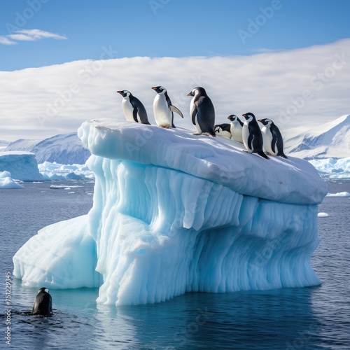 A group of penguins on an iceberg. Penguins on an iceberg with a cloudy sky in the background  Ai generated