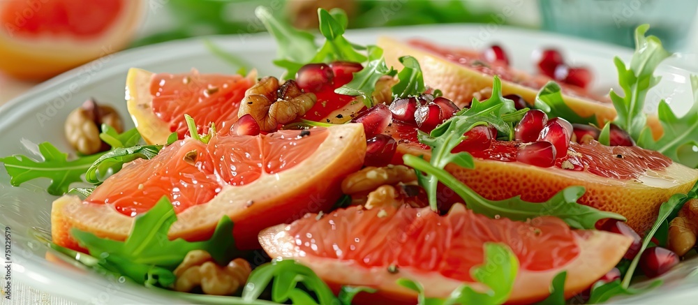 A white plate is displayed with slices of grapefruit and scattered nuts on top, creating a colorful and healthy salad. A white plate is displayed with slices of grapefruit and scattered nuts on top, creating a colorful and healthy salad.