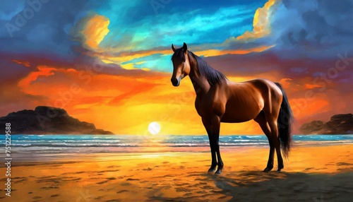 horse in the sunset, A brown horse standing on top of a sandy beach under a cloudy blue and orange sky with a sunset, Ai Generate © Yasir