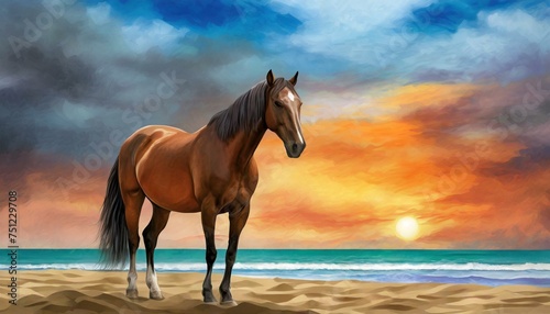 horse in the sunset  A brown horse standing on top of a sandy beach under a cloudy blue and orange sky with a sunset  Ai Generate
