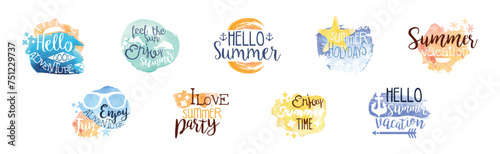 Summer Vacation Promo Sign and Label Colorful Vector Set