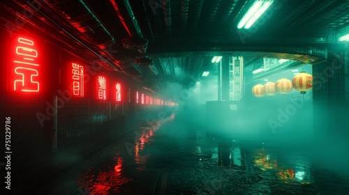 Asian Cyberpunk Nights: Dystopian Street Art, foggy and rainy © Diko