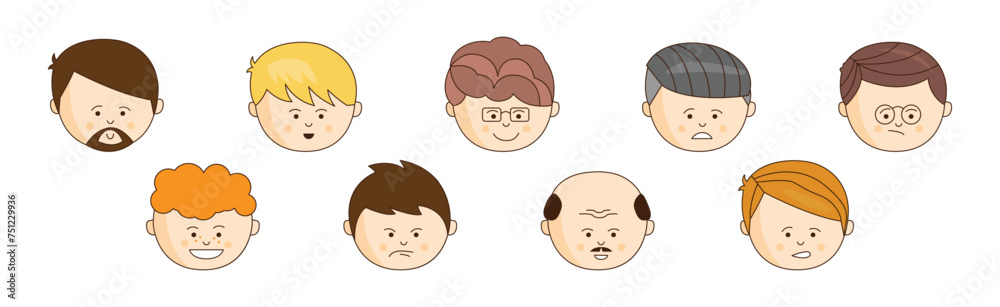 Man Character Head Avatar with Different Hairstyle and Emotion Vector Set Man Character Head Avatar with Different Hairstyle and Emotion Vector Set