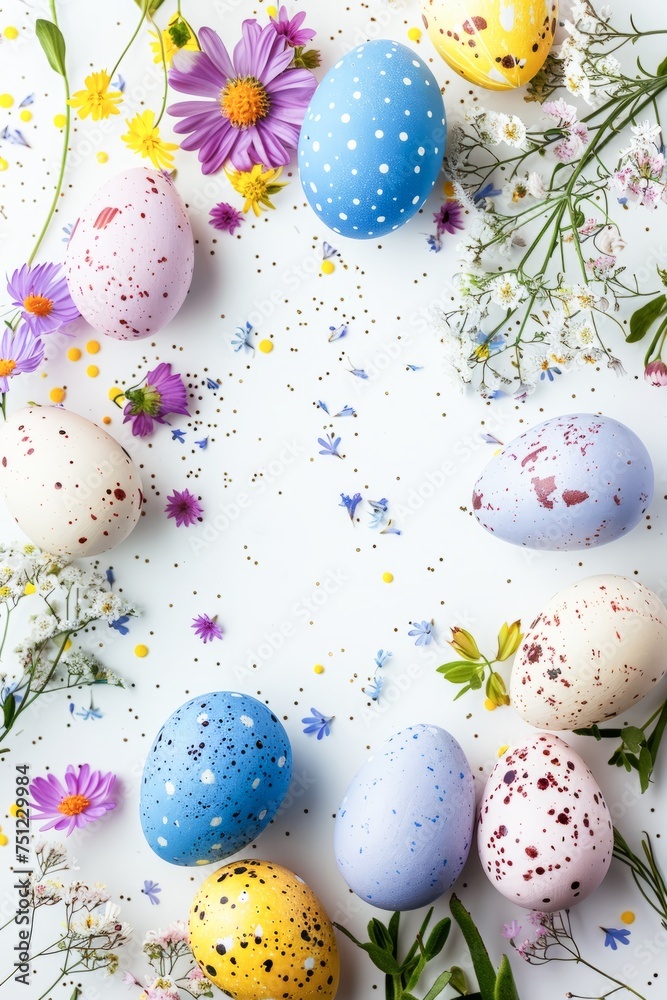 Colorful Easter Eggs and Spring Flowers on a Bright White Background Colorful Easter Eggs and Spring Flowers on a Bright White Background
