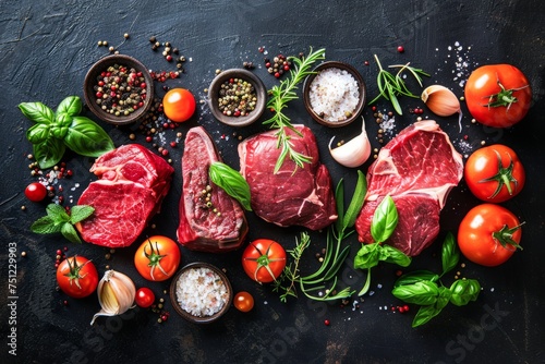 Variety of Fresh Raw Beef Cuts With Seasonings and Vegetables on Dark Background