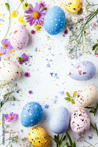 Colorful Easter Eggs and Spring Flowers on a Bright White Background
