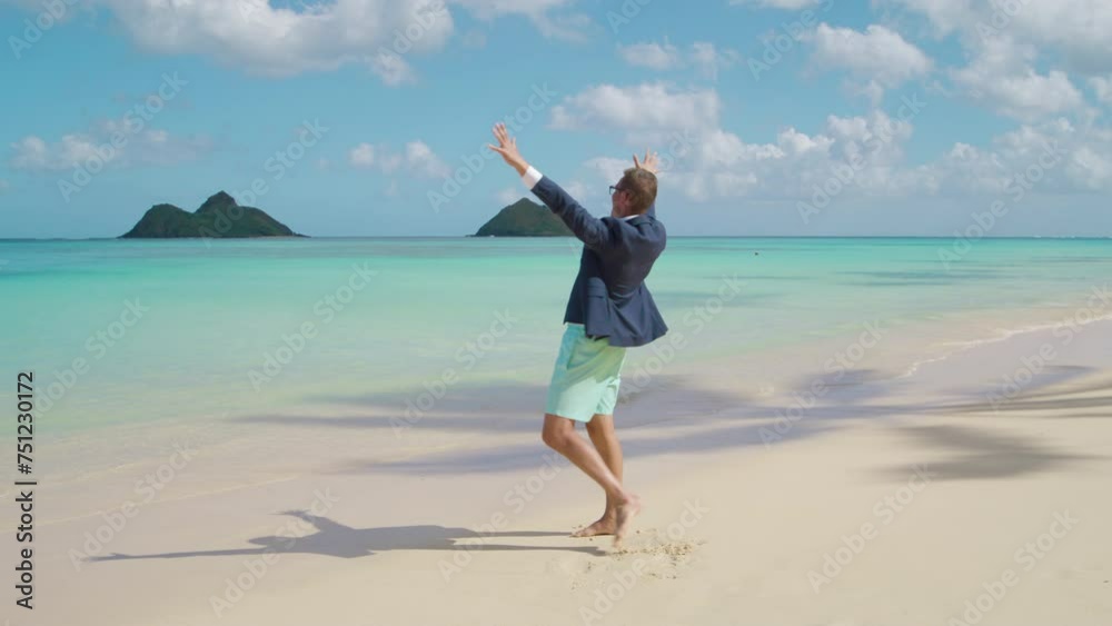 Extremely happy male tourist admiring the beauty of endless waters of tranquil ocean, raising hands with excitement, dreams come true, long awaited getaway. High quality 4k footage Extremely happy male tourist admiring the beauty of endless waters of tranquil ocean, raising hands with excitement, dreams come true, long awaited getaway. High quality 4k footage