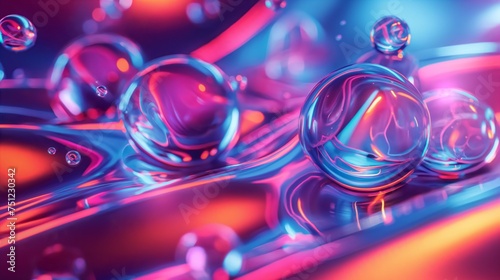 Ethereal waves of neon light intertwining with metallic spheres, creating a mesmerizing dance of colors.