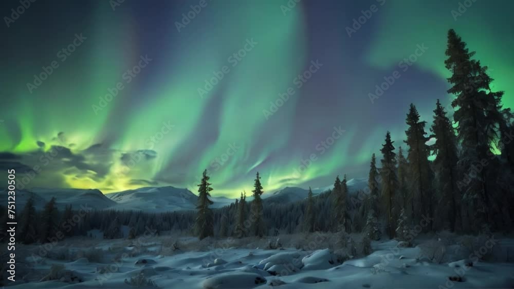 Night forest with northern lights in background