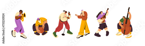 Street musicians set. Jazz performers play different instruments: saxophone, guitar, double bass, cajon. Singers song with microphone. People perform music. Flat isolated vector illustration on white
