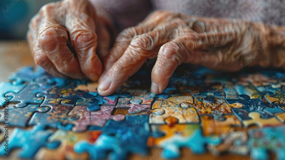 Elderly individual trying to piece together a simple jigsaw puzzle, illustrating the challenge of cognitive tasks in dementia - obrazy, fototapety, plakaty 