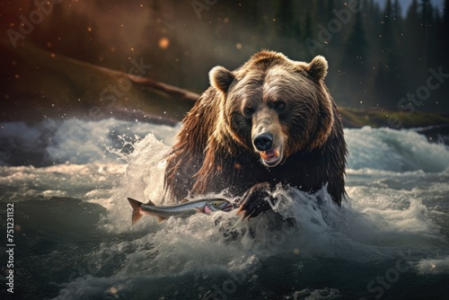 A powerful bear fishing for salmon in a wild river. Photo brown bear with a salmon in his mouth, Ai generated © Tanu
