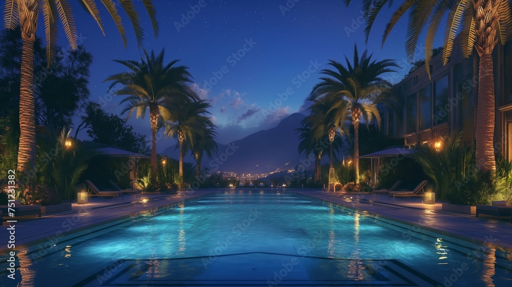 Evening opulence in a detailed image of a lavish pool surrounded by illuminated palm trees, creating a tranquil and upscale outdoor retreat