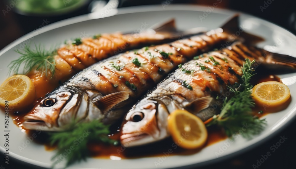 view of aesthetic grilled fish with sauce and some garnish on top image background view of aesthetic grilled fish with sauce and some garnish on top image background