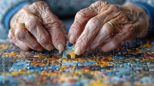 Elderly individual trying to piece together a simple jigsaw puzzle, illustrating the challenge of cognitive tasks in dementia photo
