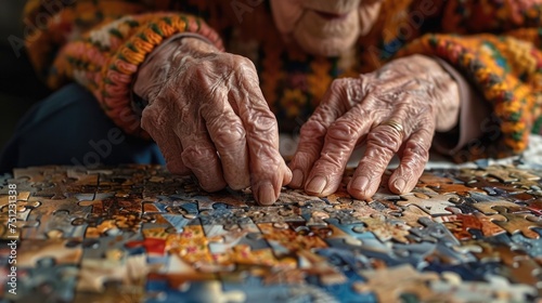 Elderly individual trying to piece together a simple jigsaw puzzle, illustrating the challenge of cognitive tasks in dementia