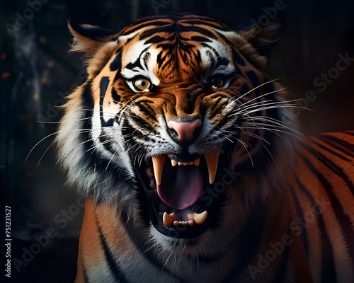 Portrait of a tiger with open mouth in a dark forest.