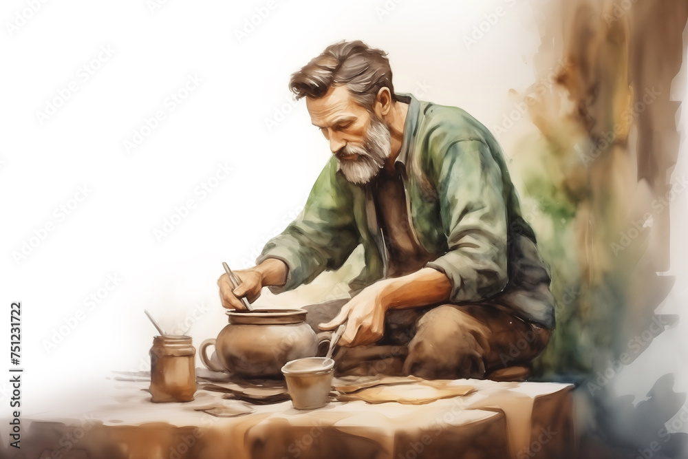 Watercolor sketch of brutal man with beard eating from pot at table Watercolor sketch of brutal man with beard eating from pot at table