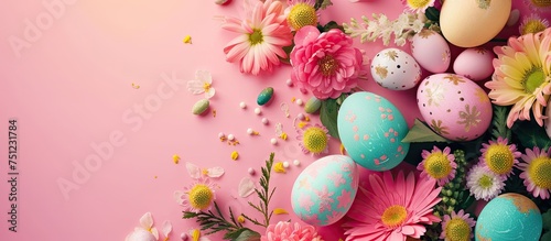 A bunch of colorful spring flowers and various Easter eggs arranged on a pink background. The combination creates a lively and festive atmosphere, perfect for Easter celebrations. The image also