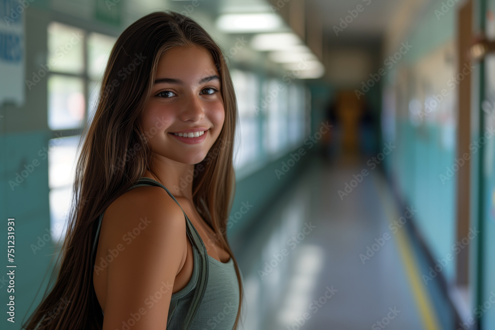 Sunny teenage girl with a bright smile and flowing hair in a school corridor, capturing the essence of youthful optimism and school day joy. Sunny teenage girl with a bright smile and flowing hair in a school corridor, capturing the essence of youthful optimism and school day joy.